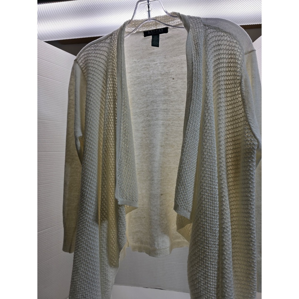 LAUREN RALPH LAUREN Cardigan Womens Petite Medium PM Pointelle Bubble-knit White